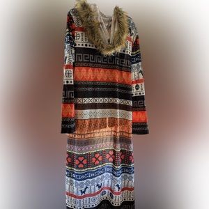 Long sleeved floor length cardigan furry hood Aztec - geometric print